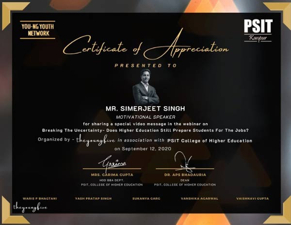 A certificate of appreciation given to Virtual Keynote speaker, Simerjeet Singh as he speaks on breaking the uncertainty. 